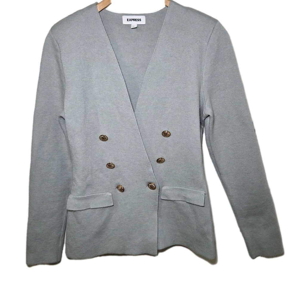 Express Women's Double Breasted Sweater Blazer Jacket Size Small Gray Blue Gold